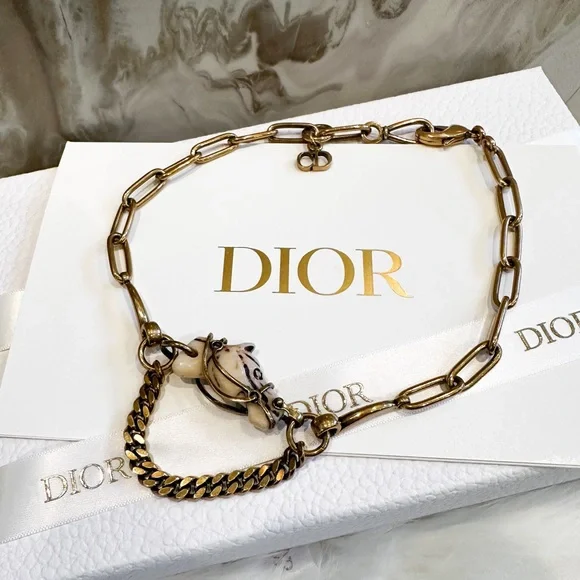 Christian DIOR Diorodeo Horse Chain Antiqued Gold Collar Necklace - Picture 2 of 9